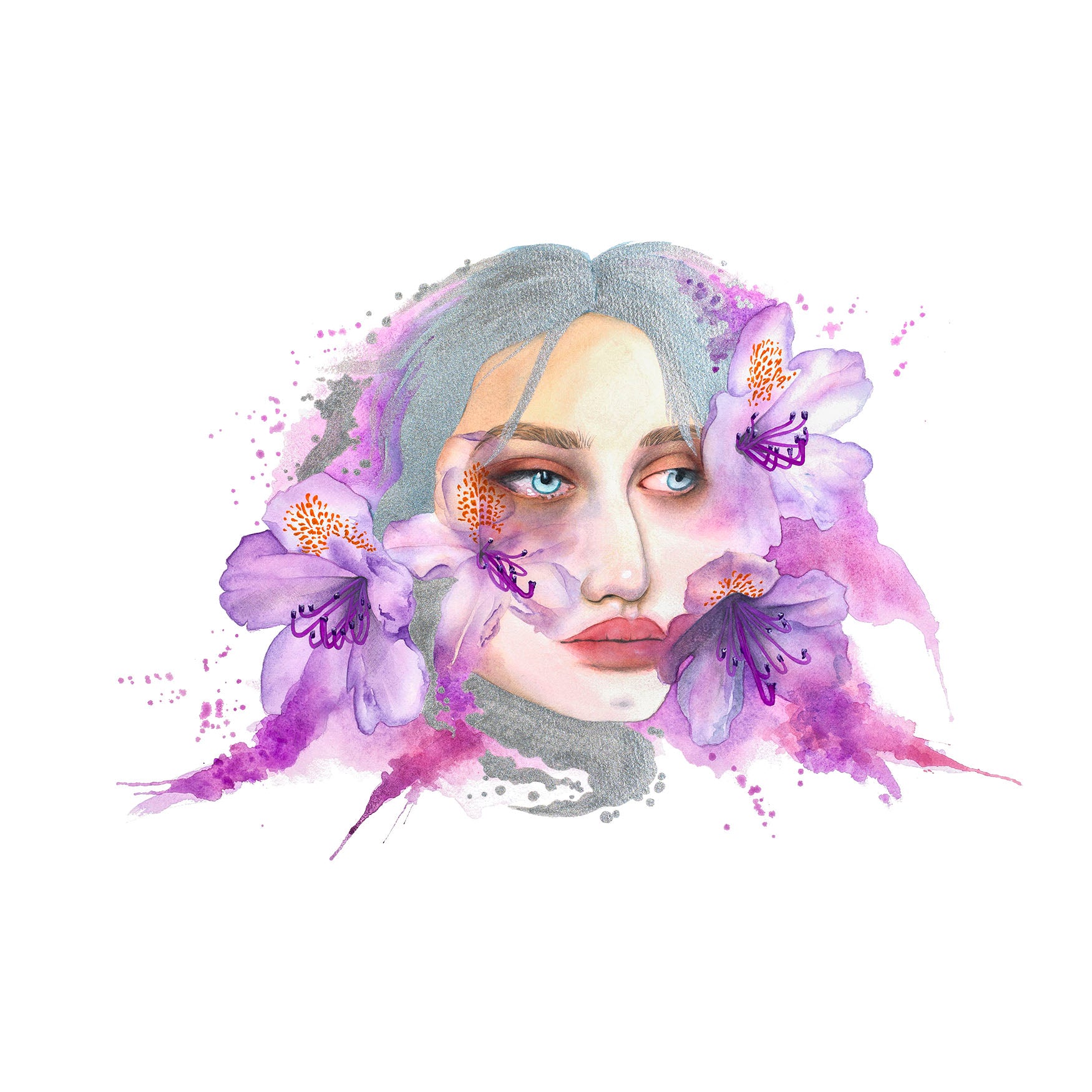‘Let’s Sweep’ by Paula Di Marco – a surreal watercolor portrait of a woman with flowing grey hair and vivid purple flowers, blending softness and sorrow. This emotionally charged piece is part of Paula’s mystical watercolor wall art collection exploring grief, femininity, and emotional renewal.