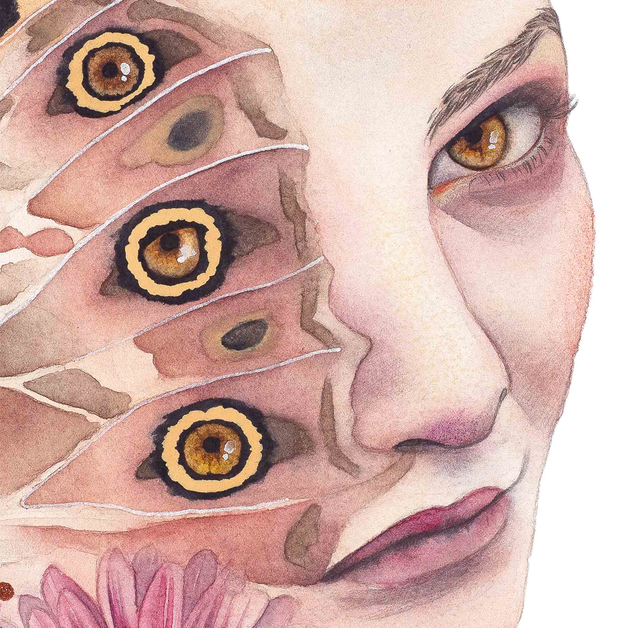 Close-up of Look Closer by Paula Di Marco – giclée print highlighting a surreal female portrait with butterfly wing patterns merging into her skin and golden amber eyes. Part of the Divine Feminine collection.