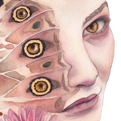 Close-up of Look Closer by Paula Di Marco – giclée print highlighting a surreal female portrait with butterfly wing patterns merging into her skin and golden amber eyes. Part of the Divine Feminine collection.