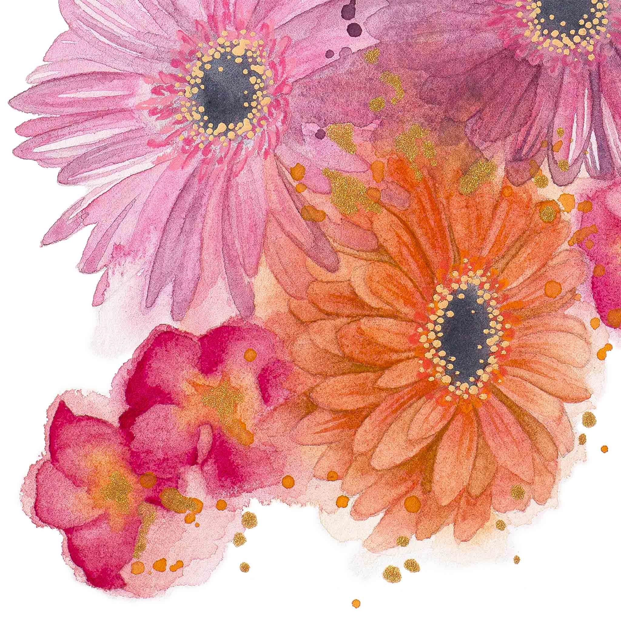 Giclée print detail from Look Closer by Paula Di Marco – a surreal watercolor close-up of bright pink and orange daisy-like flowers with golden speckles, part of the Divine Feminine collection.