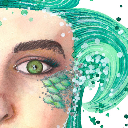 Closeup of Mermaid by Paula Di Marco, a surreal green-haired portrait with glittery scales and dreamy eyes, perfect for emotionally healing wall art.