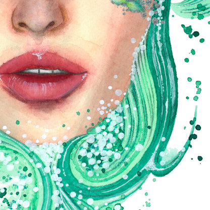Detail of the lips and swirling green hair in Mermaid by Paula Di Marco, a surreal and emotionally evocative watercolor painting. Part of Divine Feminine collection.