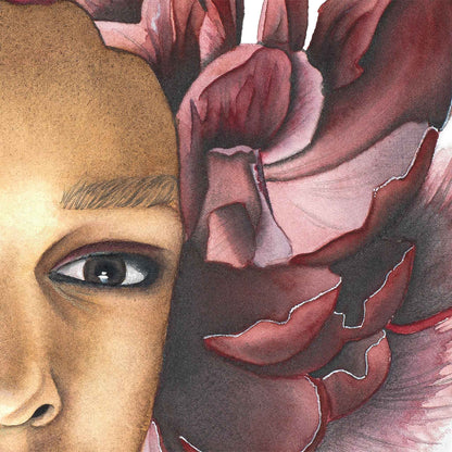 Detail of Pensive Bloom by Paula Di Marco – a close-up of a woman’s eye framed by rich burgundy petals. Giclée print captures the delicate brushwork and emotional depth of the Divine Feminine collection.