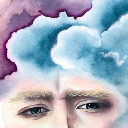 Close-up of the eyes in Paula Di Marco’s “Tormented” – a surreal detail from the Divine Feminine collection, evoking emotional depth and grief through misty, cloud-filled brushwork.