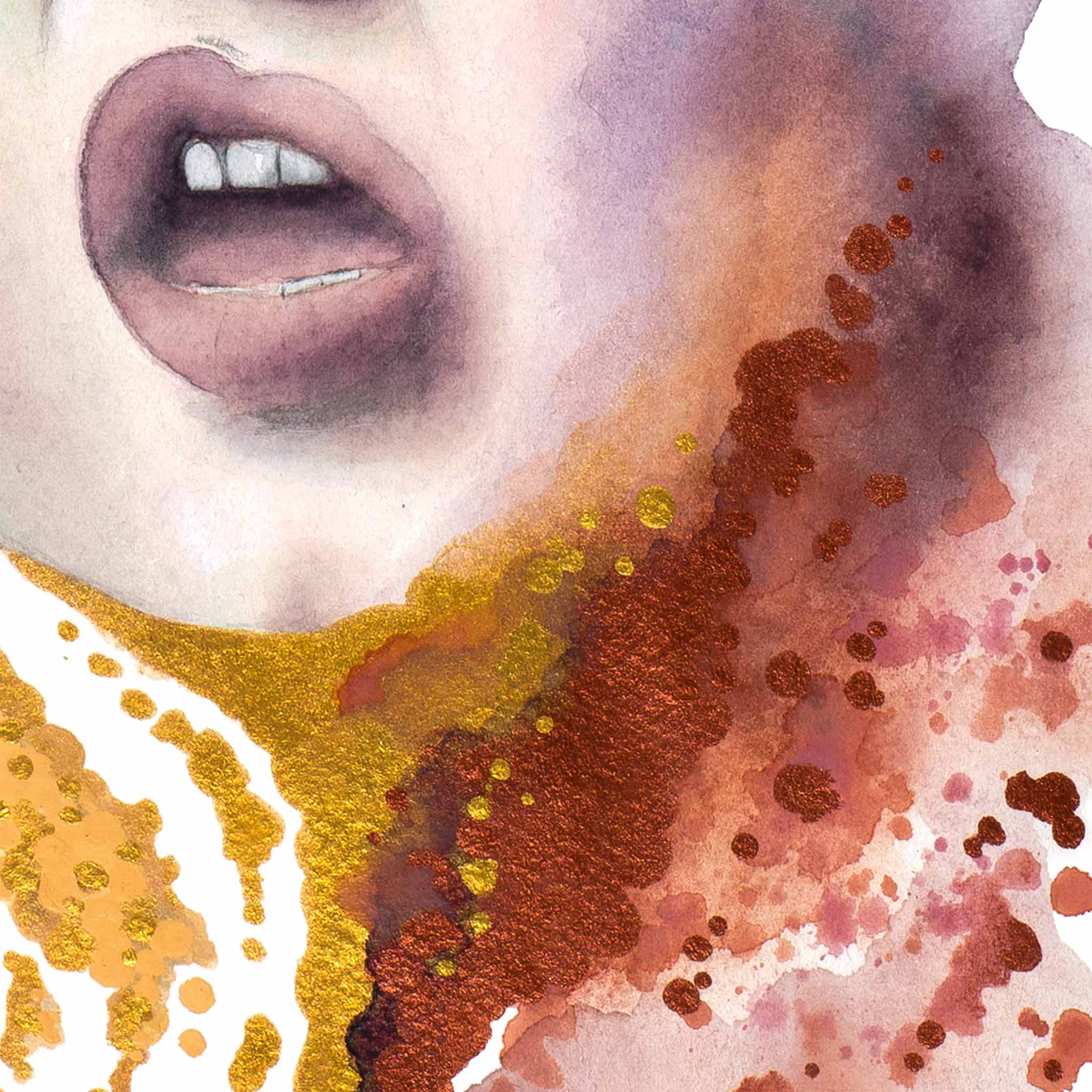 Detail of lips and textured gold in “Tormented” by Paula Di Marco – emotionally charged art from the Divine Feminine series, symbolizing raw expression and healing through surreal color layers.